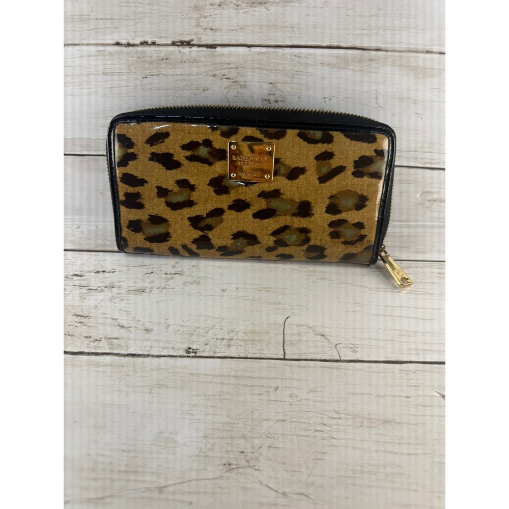 Lauren Ralph Lauren Leopard Print Patent Leather Zip Around Continental Wallet